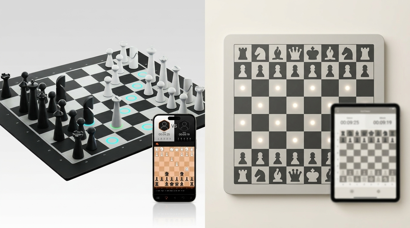 Split-frame comparing the GoChess Lite Modern smart chess board with an abstract competing smart board