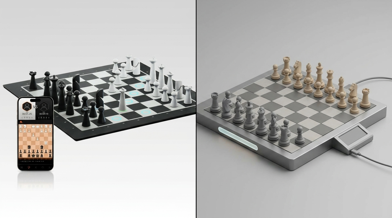 Split-frame comparing the GoChess Lite Modern smart chess board with an abstract competing smart board