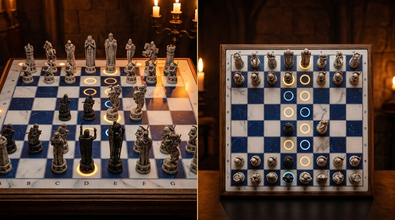 GoChess Wizard smart chess boards with candle-lit LED squares and figural pieces shown side by side