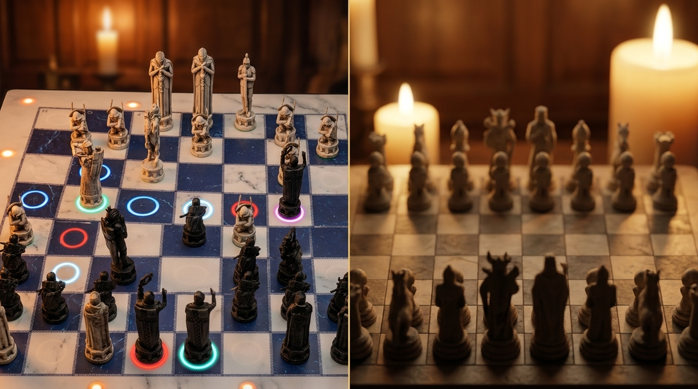 Split-frame comparing the GoChess Wizard smart chess board with an abstract traditional themed chess set