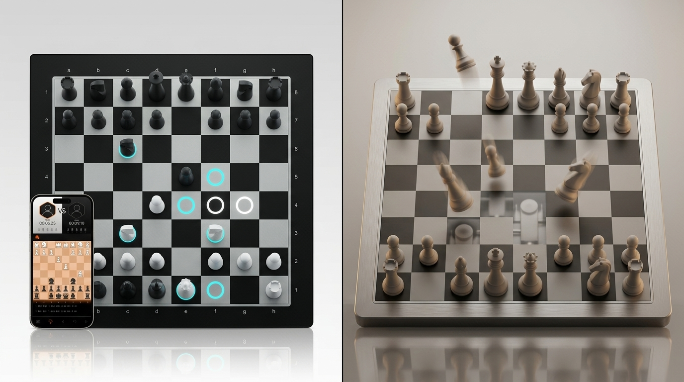 GoChess Lite Modern LED smart chess board beside an abstract self-moving robotic chess board concept