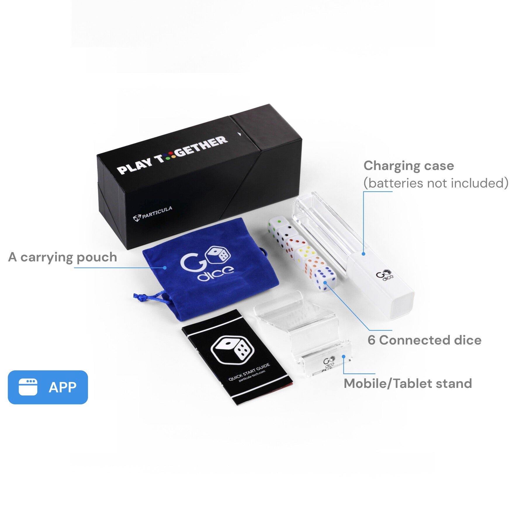 what is in the box of bluetooth dice by Particula