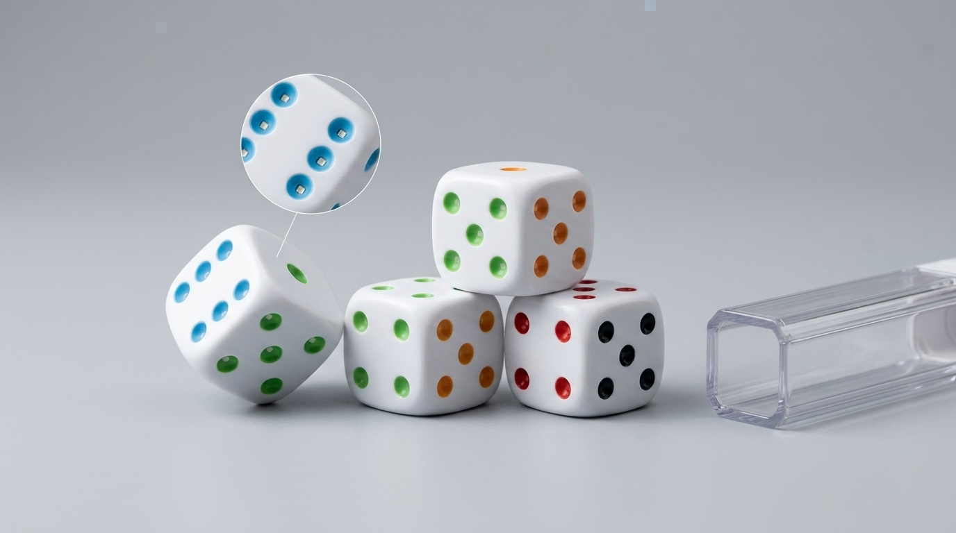 Smart GoDice electronic dice arranged under studio light showing their coloured pip faces