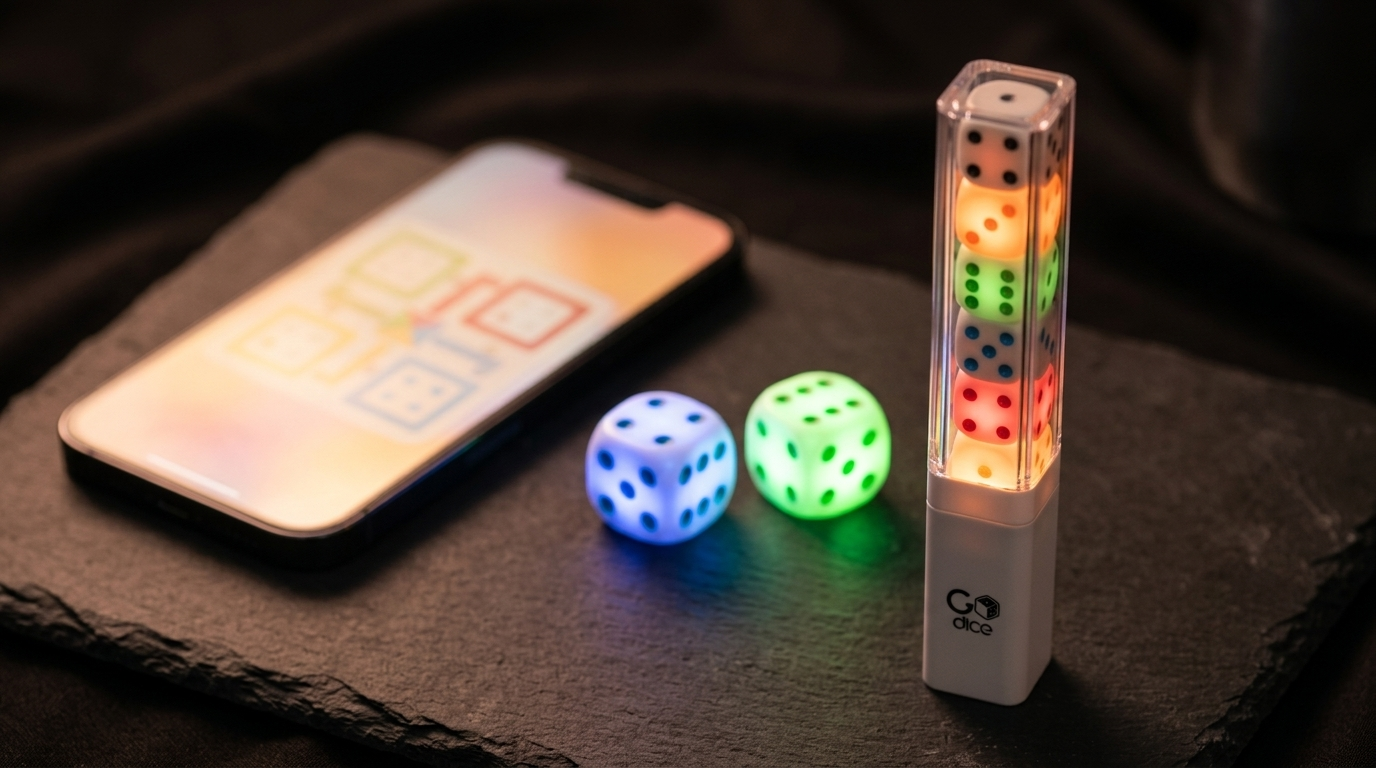 Glowing GoDice smart dice beside a phone running the companion app used to play its in-app games