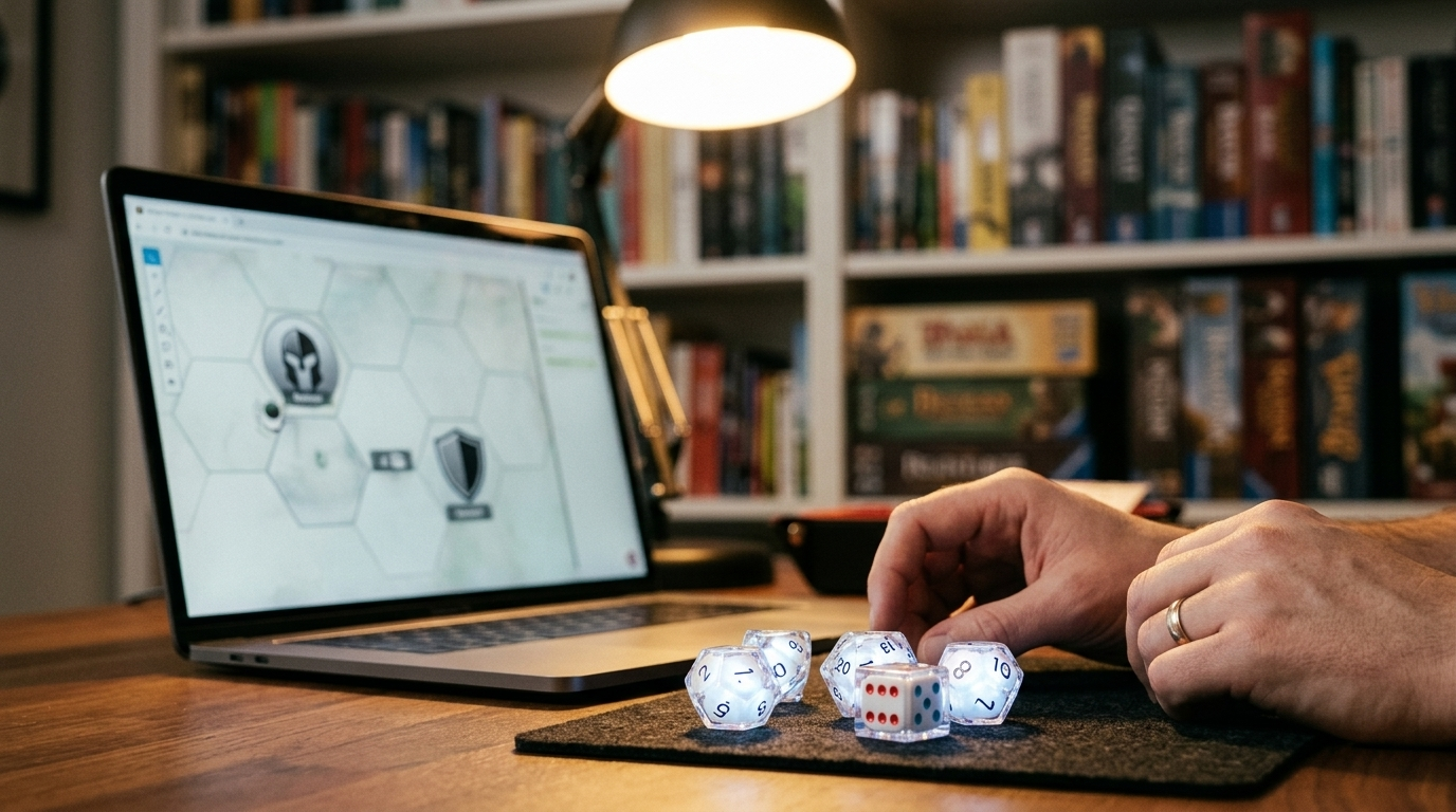 Glowing GoDice smart dice on a desk beside a laptop showing a virtual tabletop map for online RPG play