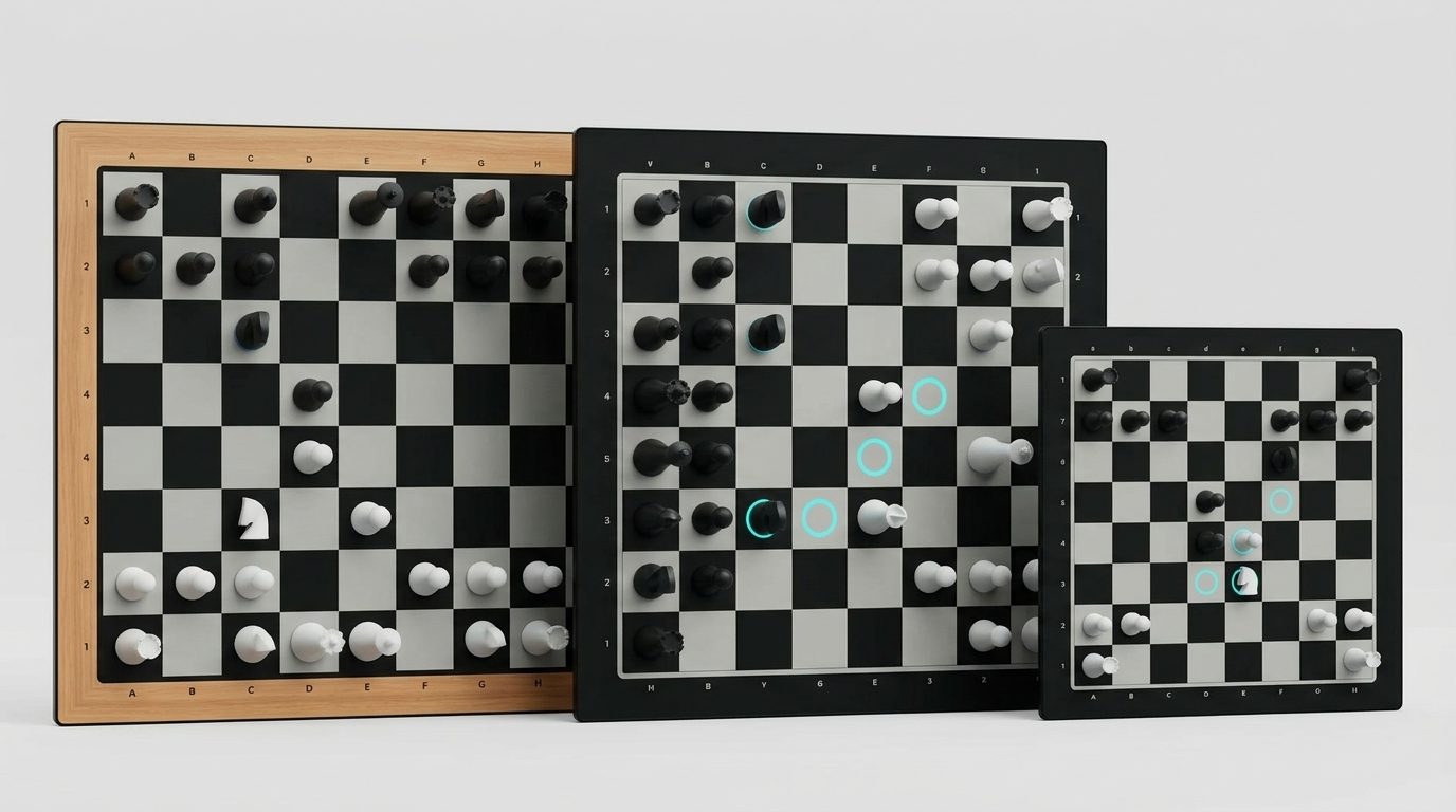 Two same-size GoChess smart chess boards in light and dark finishes beside a smaller compact GoChess board