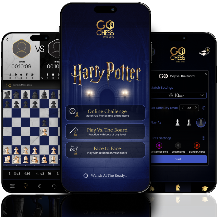 The GoChess Wizard companion app on three phones