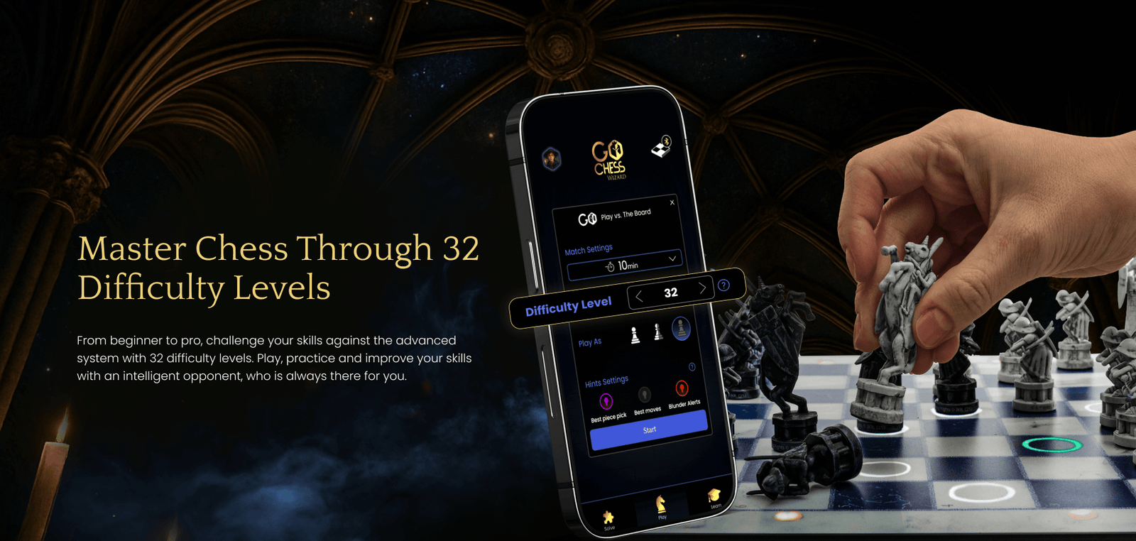 The GoChess app difficulty selector beside the Wizard board