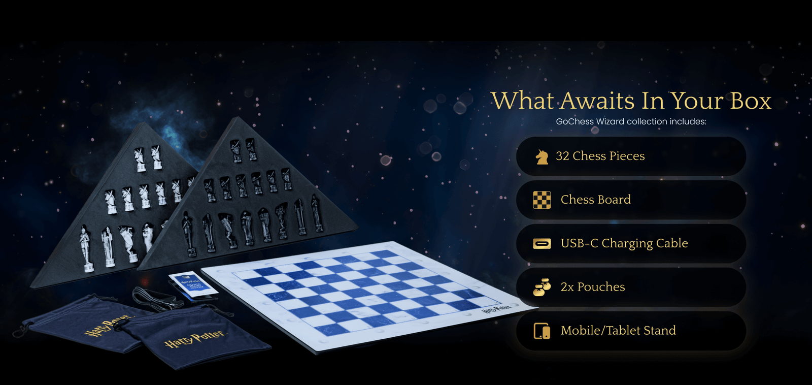 Everything included with the GoChess Wizard set