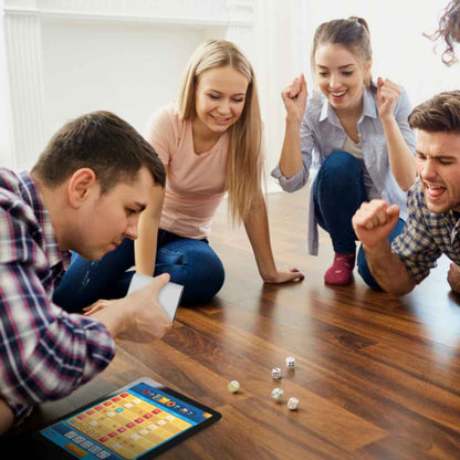 friends playing board game with bluetooth dice